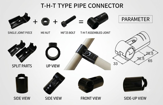 Conectores de tuberías de metal duraderos para sistemas de bastidores de tuberías industriales y equipos de manipulación de materiales con acabado negro reutilizable
