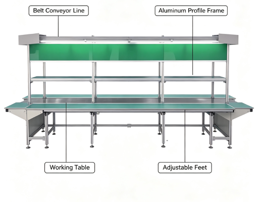 Línea de transporte de cinta antistatico personalizada, transportador de ensamblaje de perfiles de aluminio para ensamblaje y ensayo de productos electrónicos
