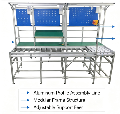 Línea de producción de ensamblaje de transferencia de bolas de perfil de aluminio industrial personalizado, estación de trabajo de producción de transportador de cinta de PVC antiestático